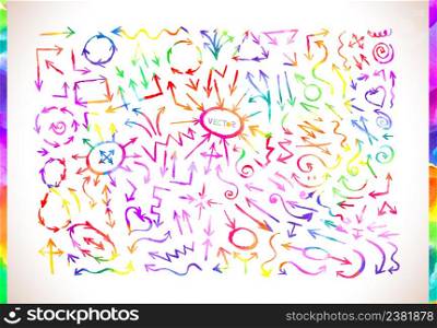 Hand drawn arrow icons set. Set of colorful watercolor arrows isolated on white background.. Colorful watercolor arrows