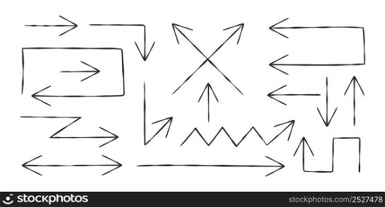 Hand drawn arrows collection. Doddle arrows. Sketch arrows drawn by hand. Vector icons