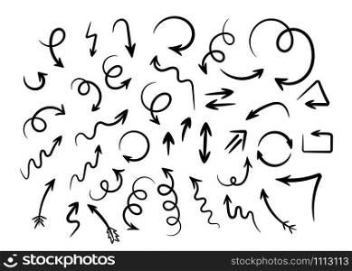 Hand drawn arrows collection vector illustration. Curves and spirals, round and twist arrows in sketch or doodle style. Outline black graphics set for sketchy infographic or cartoon drawings design.. Hand drawn arrows collection vector illustration