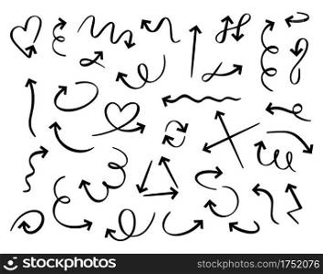 Hand drawn arrows. doodle curved arrow handmade elements. Outline direction pointer isolated vector symbols. Illustration direction simplicity hand doodle different. Hand drawn arrows. doodle curved arrow handmade elements. Outline direction pointer isolated vector symbols