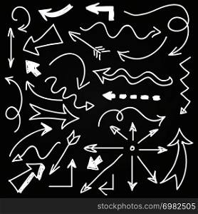 Hand drawn arrows on chalkboard - doodle arrows set. Vector illustration. Hand drawn arrows on chalkboard - doodle arrows set