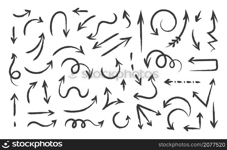 Hand drawn arrows. Paintbrush sketch of direction curve signs. Ink pen and pencil isolated abstract black pointers. Left and right turning symbols. Vector doodle navigational geometric icons set. Hand drawn arrows. Paintbrush sketch of direction signs. Ink pen and pencil isolated abstract pointers. Left and right turning symbols. Vector doodle navigational geometric icons set