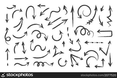 Hand drawn arrows. Paintbrush sketch of direction curve signs. Ink pen and pencil isolated abstract black pointers. Left and right turning symbols. Vector doodle navigational geometric icons set. Hand drawn arrows. Paintbrush sketch of direction signs. Ink pen and pencil isolated abstract pointers. Left and right turning symbols. Vector doodle navigational geometric icons set