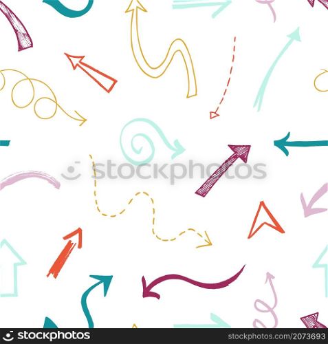 Hand drawn arrows pattern. Seamless texture with doodle arrow, sketch direction marks. Scribble element, colorful decorative vector background. Arrow seamless sketch, repeatable handdrawn illustration. Hand drawn arrows pattern. Seamless texture with doodle arrow, sketch direction marks. Scribble elements, colorful decorative vector background