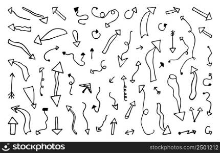 Hand drawn arrows pointers big collection, vector illustration. A variety of arrows, direction and movement icons for business and web