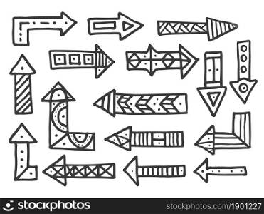 Hand drawn arrows set isolated on white background. Vector illustration. Element for infographics or business presentations. Ornamental arrows