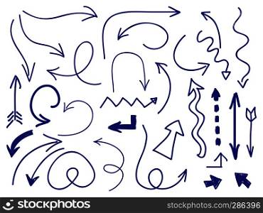 Hand drawn arrows set on white background. Collection of drawing doodle arrrow pointer, vector illustration. Hand drawn arrows set on white background