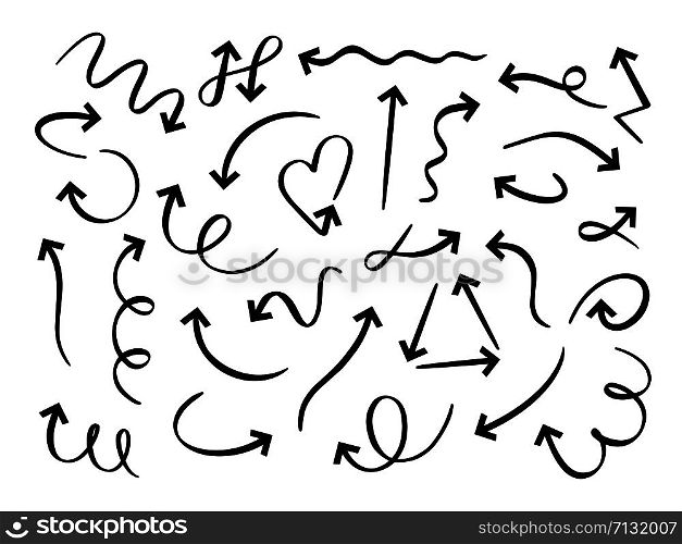 Hand drawn arrows set. Sketch arrow, curved scribble way pointed line and doodle round pointer vector set. Twisted and circular marker. Direction symbol, curly indicators pack on white background. Hand drawn arrows set. Sketch arrow, curved scribble way pointed line and doodle round pointer vector set. Twisted and circular marker. Direction arrowhead, indicators pack on white background