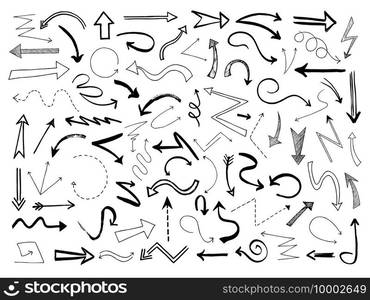 Hand drawn arrows. Sketch black arrow direction line signs. Doodle scribble monochrome way pointers, outline vector set. Illustration arrow pointer, line scribble sketch. Hand drawn arrows. Sketch black arrow direction line signs. Doodle scribble monochrome way pointers, outline vector set