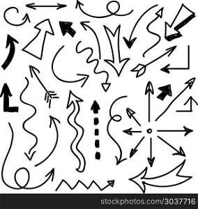 Hand drawn arrows vector set. Hand drawn arrows vector. Set of arrows sketch and drawing doodle arrow illustration