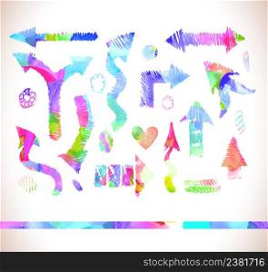 Hand drawn art shapes circles squares lines.. Graphic signs colorful watercolor arrows