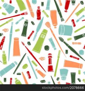 Hand drawn art tools and supplies set. Artistic paintbrushes and paints. Vector seamless pattern.. Artistic paintbrushes and watercolor paints. Vector pattern.
