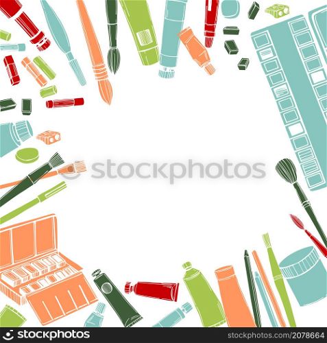 Hand drawn art tools and supplies set. Artistic paintbrushes and watercolor paints. Vector background.. Artistic paintbrushes and watercolor paints. Vector illustration.