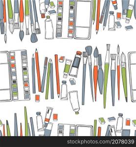 Hand drawn art tools and supplies set. Artistic paintbrushes and watercolor paints. Vector seamless pattern.. Artistic paintbrushes and watercolor paints. Vector pattern