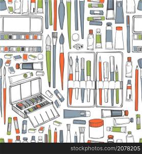 Hand drawn art tools and supplies set. Artistic paintbrushes and watercolor paints. Vector seamless pattern. . Artistic paintbrushes and watercolor paints. Vector pattern.
