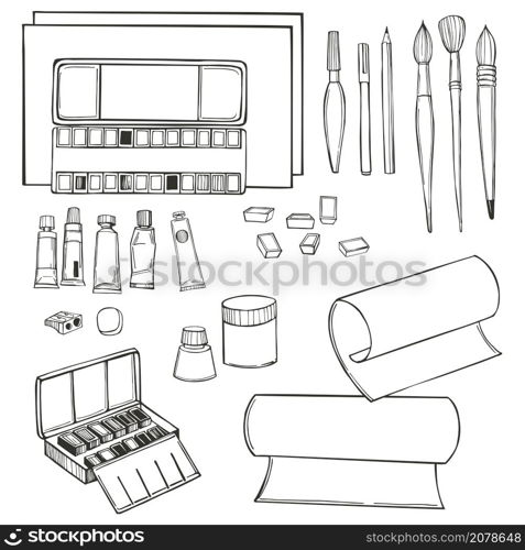 Hand drawn art tools and supplies set. Artistic paintbrushes and watercolor paints. Vector sketch illustration.. Hand drawn artistic paintbrushes and watercolor paints. Vector illustration.