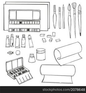 Hand drawn art tools and supplies set. Artistic paintbrushes and watercolor paints. Vector sketch illustration.. Hand drawn artistic paintbrushes and watercolor paints. Vector illustration.