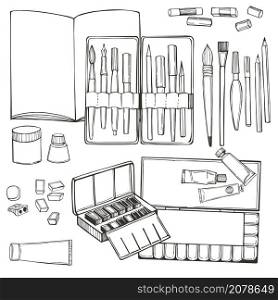 Hand drawn art tools and supplies set. Sketching Kit. Artistic paintbrushes and watercolor paints. Vector illustration.. Hand drawn artistic paintbrushes and watercolor paints. Vector illustration.