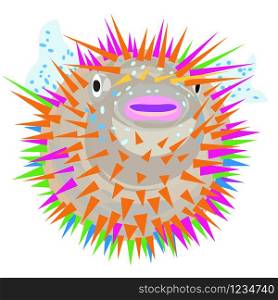 Hand drawn artistic illustration of a porcupine fish, vibrant colored cartoon isolated on white
