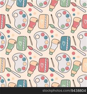 Hand drawn artistic set seamless pattern. All for drawing background. Drawn items for artists print. Model with paints, palette, brush, sketchbook, vector illustration. Hand drawn artistic set seamless pattern