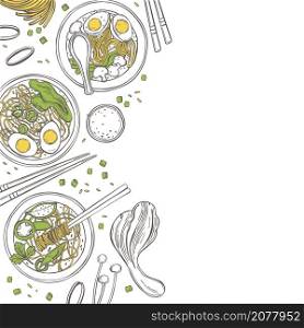 Hand drawn Asian noodle soup. Ramen set. Vector background. Sketch illustration. . Ramen set. Vector illustration.