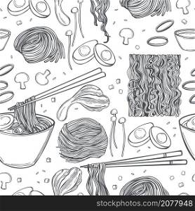 Hand drawn Asian noodle soup. Ramen set. Vector seamless pattern.. Ramen set. Vector pattern.