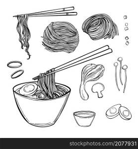 Hand drawn Asian noodle soup. Ramen set. Vector sketch illustration.. Ramen set. Vector illustration.