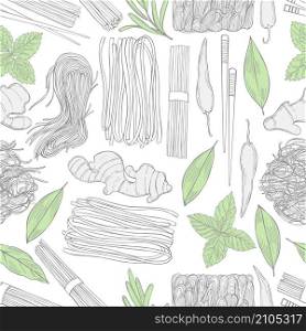 Hand drawn asian noodles. Vector seamless pattern