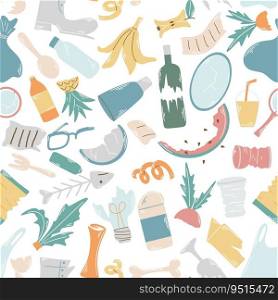 Hand drawn assorted household trash seamless pattern. Garbage background. Environmental pollution print. Template for design vector illustration. Hand drawn assorted household trash seamless pattern