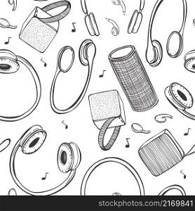 Hand-drawn audio gadgets. Portable speakers and headphones. Vector seamless pattern. Portable speakers and headphones. Vector pattern