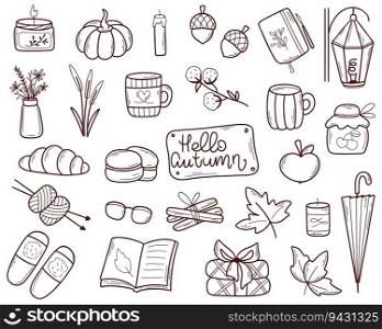 Hand drawn autumn aesthetics set. Fall attributes doodle sketch style collection. Cosiness, comfort and home rest. Simple line season illustration, isolated vector. Hand drawn autumn aesthetics set