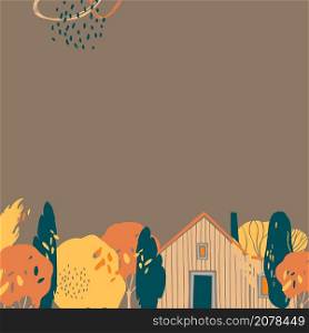 Hand drawn autumn background with trees and house. Vector sketch illustration.. Autumn background with trees and house.