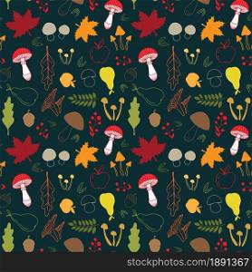 Hand drawn autumn elements collection. Mushrooms, berries, apple, pear and leaves. Vector illustration.