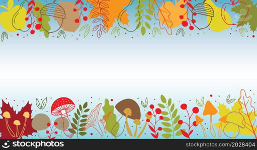 Hand drawn autumn elements collection seamless border. Mushrooms, berries and leaves. Vector illustration.