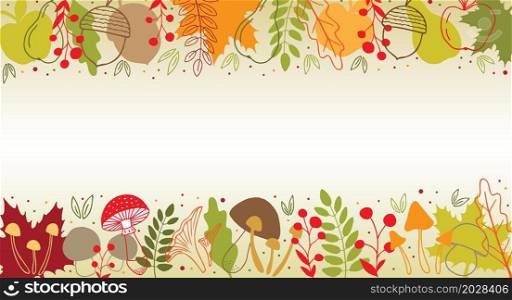 Hand drawn autumn elements collection seamless border. Mushrooms, berries and leaves. Vector illustration.