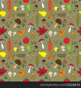 Hand drawn autumn elements collection seamless pattern. Mushrooms, berries and leaves. Vector illustration.