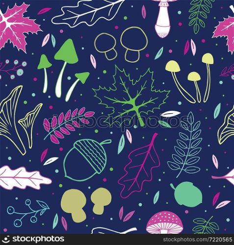 Hand drawn autumn elements collection seamless pattern. Mushrooms, berries and leaves. Vector illustration.