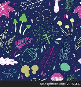 Hand drawn autumn elements collection seamless pattern. Mushrooms, berries and leaves. Vector illustration.