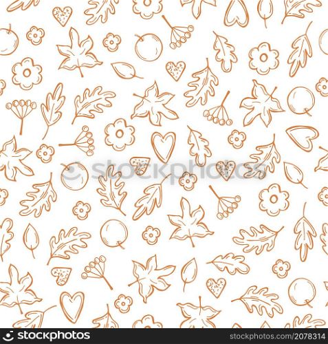 Hand drawn autumn leaves and berries. Vector seamless pattern.. Vector pattern with autumn leaves and berries.
