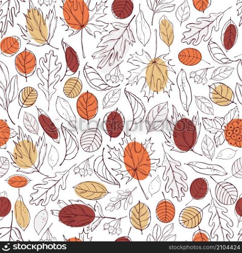 Hand drawn autumn leaves and berries. Vector seamless pattern.. Vector background with autumn leaves and berries.