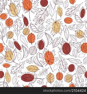 Hand drawn autumn leaves and berries. Vector seamless pattern.. Vector background with autumn leaves and berries.