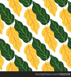 Hand drawn autumn leaves seamless pattern on white background. Yellow and green leaf. Design for fabric, textile print, wrapping paper, fashion, interior, cover. Geometric vector illustration. Hand drawn autumn leaves seamless pattern on white background. Yellow and green leaf.