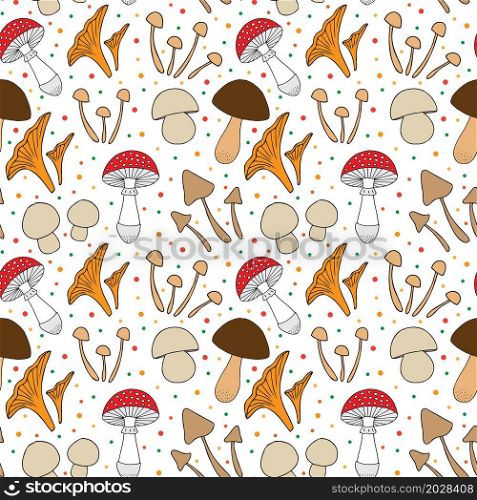 Hand drawn autumn mushrooms collection. Vector illustration. Seamless pattern.