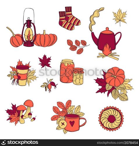 Hand drawn autumn set on white background. Vector sketch illustration. Autumn set. Vector illustration.