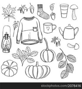 Hand drawn autumn set. Vector sketch illustration.. Autumn set. Vector illustration.