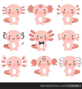 Hand drawn axolotls collection. Set of nine cute reptiles.