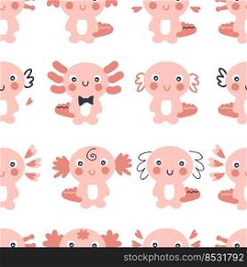 Hand drawn axolotls seamless pattern. Perfect for T-shirt, textile and prints. Cartoon style vector illustration for decor and design.