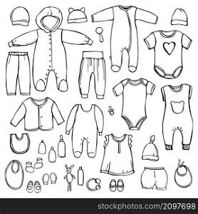 Hand drawn baby clothing. Vector sketch illustration.. Baby Clothing.Vector illustration.