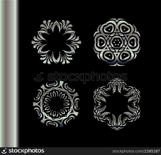 Hand drawn background. Set of ethnic fractal mandala. Vector Meditation silver set. Mandala vintage decorative elements