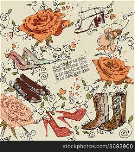 hand drawn background with blooming roses, hearts and a variety of trendy shoes